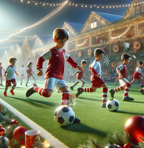 vízjeles bhse DALL·E 2023-12-04 10.05.20 - A realistic depiction of a youth Christmas soccer tournament, featuring teams in red and white uniforms. Each player on the field has a soccer ball, e
